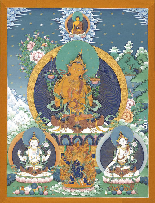 Manjushri Chenrezig Vajrapani - Tibetan thangka painting, front view