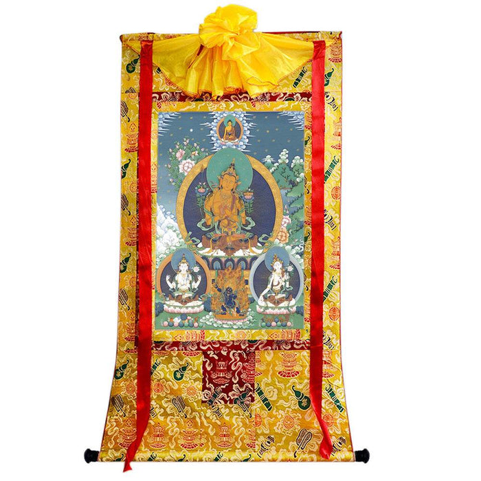 Manjushri Chenrezig Vajrapani - Tibetan thangka painting, close-up detail