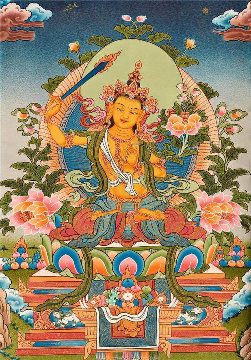 Manjusri - Tibetan thangka painting, front view