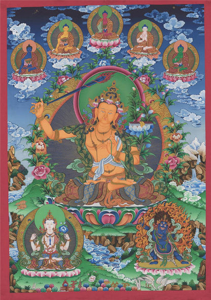 Manjusri - Tibetan thangka painting, front view