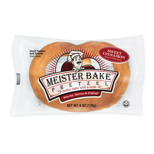 Pretzel inside of sealed clear package with Meister Bake Pretzel marron, white and black logo on the front of package with the following wording on the package: hand twisted soft pretzel, shelf stable, sweet cinnamon.