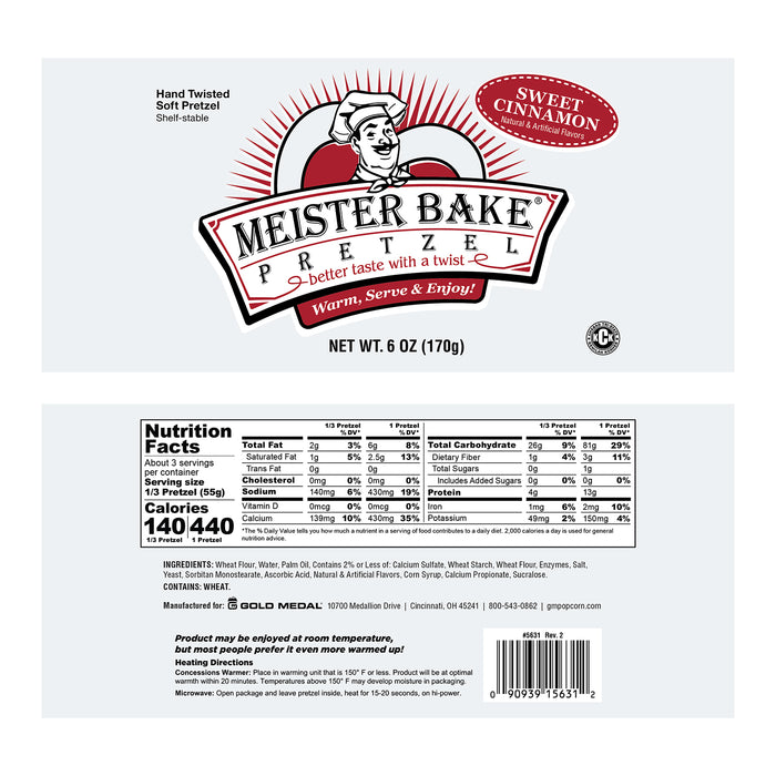 Pretzel packaging artwork laid flat showing Meister Bake logo in maroon and black and nutritional information.
