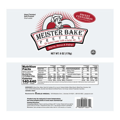 Pretzel packaging artwork laid flat showing Meister Bake logo in maroon and black and nutritional information.