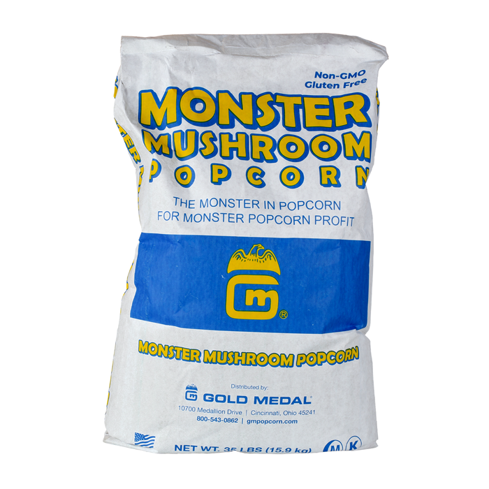 Front view of 35-pound bag of Monster Mushroom popcorn