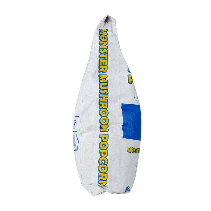 Side view of 35-pound bag of Monster Mushroom popcorn