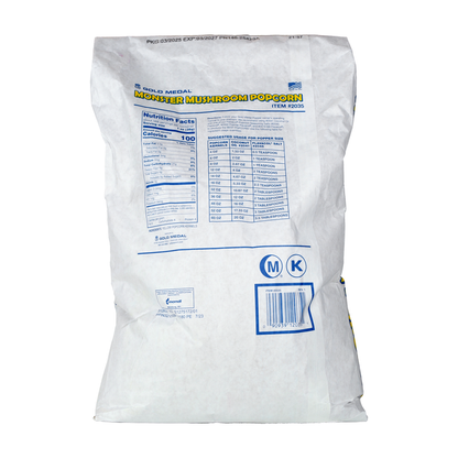 Back view of 35-pound bag of Monster Mushroom popcorn