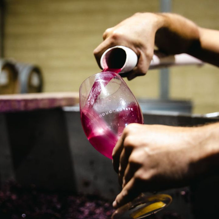Person pouring red wine from a pipe into a glass with a blurred background