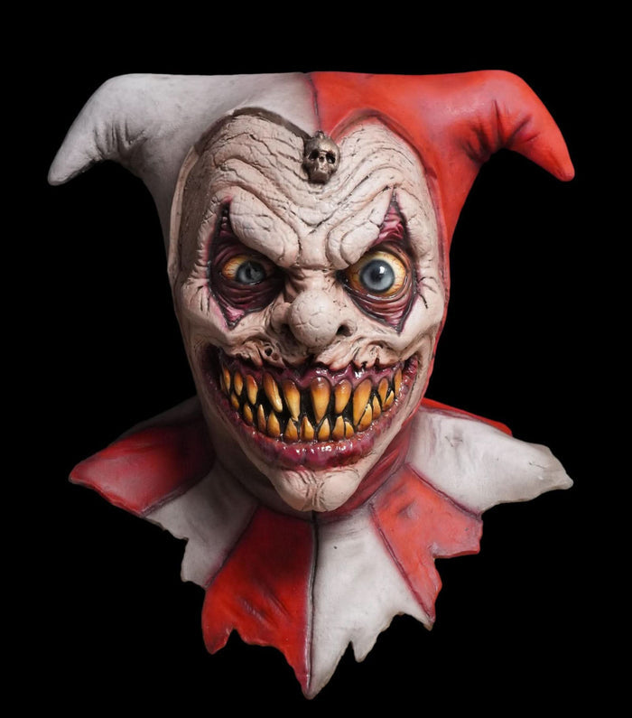 Evil Clown Jester HD Studios Pro Halloween Mask features two sets of sunken eyes, a vicious mouth, hand painting, and USA-made detail.