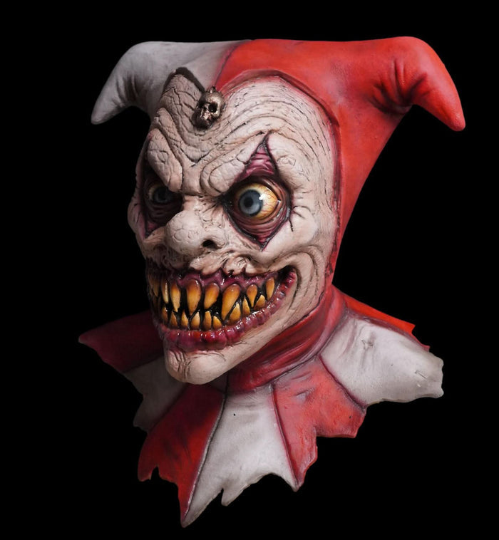 Evil Clown Jester HD Studios Pro Halloween Mask front view with two sets of sunken eyes and wide mouth