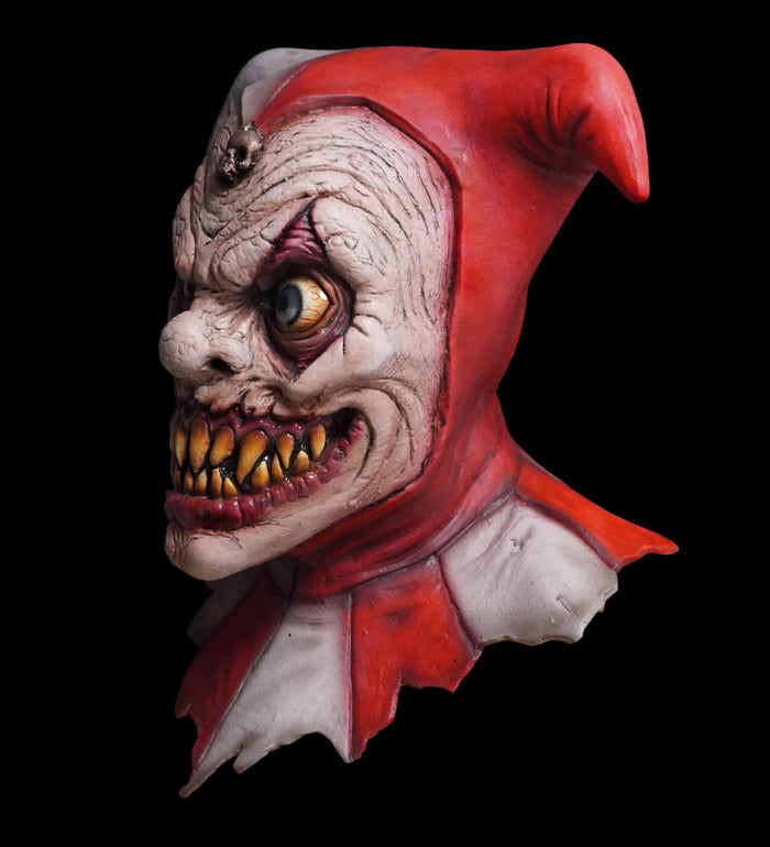Scary jester Halloween mask with demon-like clown face, hand-painted detail, and ferocious grin