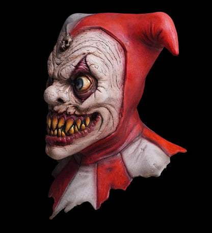 Scary jester Halloween mask with demon-like clown face, hand-painted detail, and ferocious grin