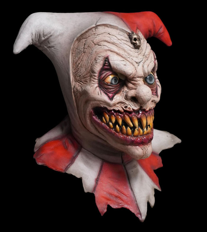 Full over-the-head Evil Clown Jester Mask made in the USA for haunted houses and costumes