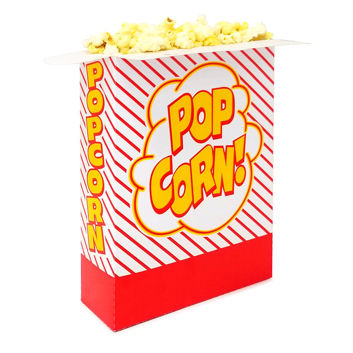 diagonal red striped popcorn box filled with popcorn