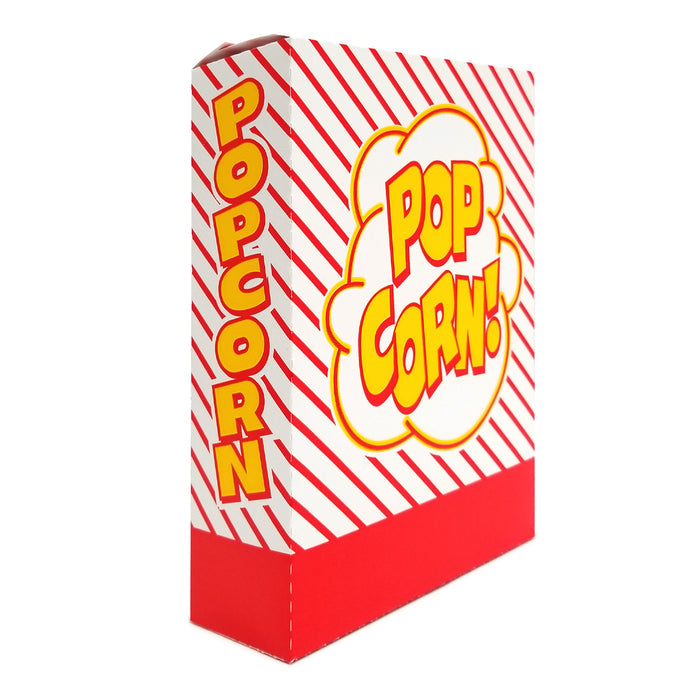 side view of diagonal red striped popcorn box