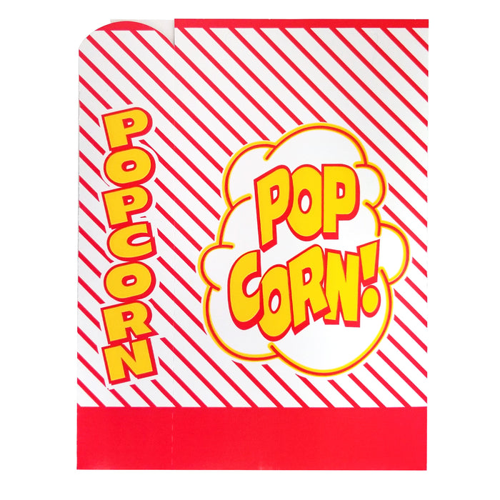 front view of diagonal red striped popcorn box
