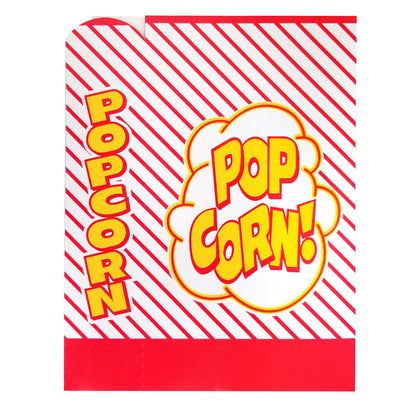front view of diagonal red striped popcorn box