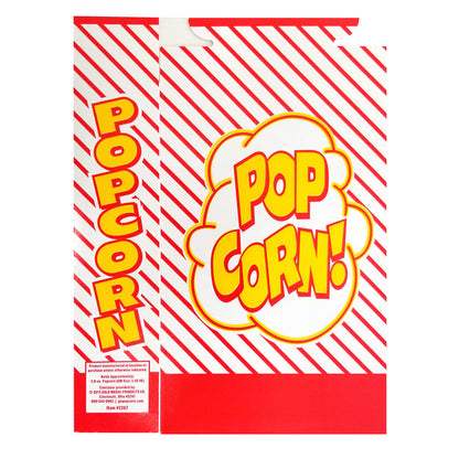 back view of diagonal red striped popcorn box