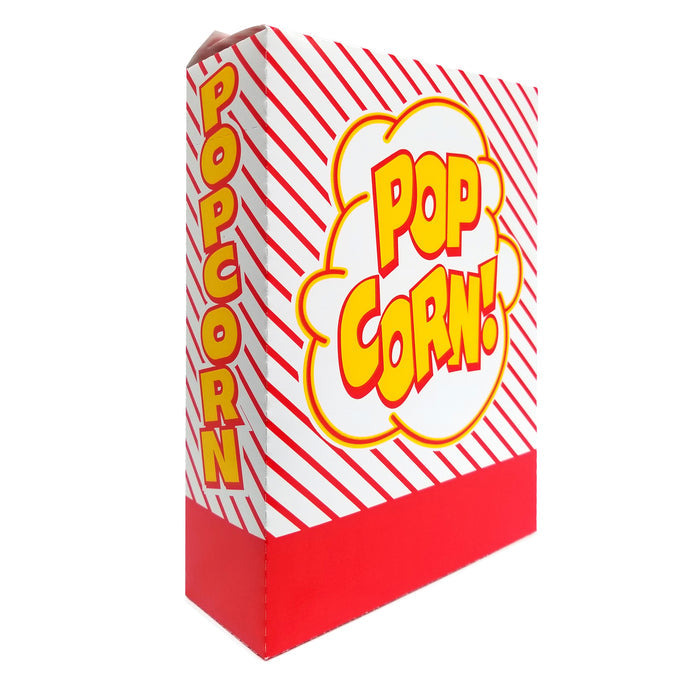 side view of diagonal red striped popcorn box