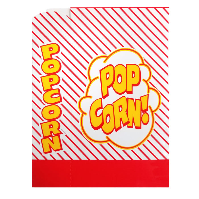 front view of diagonal red striped popcorn box