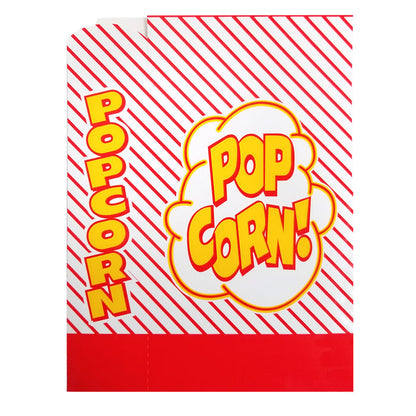 front view of diagonal red striped popcorn box