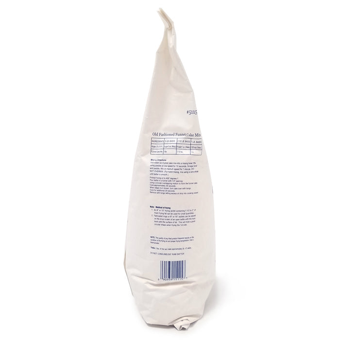 White bag with blue lettering of directions on how to use Old Fashioned Funnel Cake Mix.