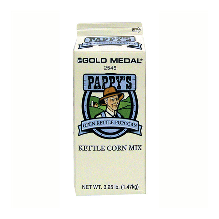 carton of Pappy's Kettle Corn Mix with image of farmer on label