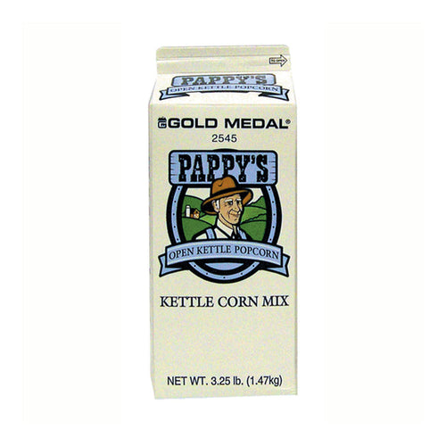 carton of Pappy's Kettle Corn Mix with image of farmer on label