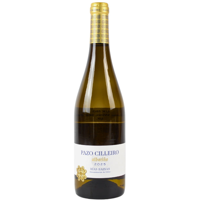 Pazo Cilleiro Albarino White Wine bottle with gold foil cap and white label on a white background
