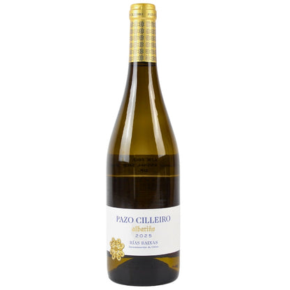 Pazo Cilleiro Albarino White Wine bottle with gold foil cap and white label on a white background