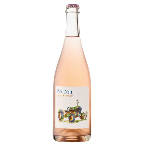 Bottle of Pet Nat wine with a decorative label on a white background