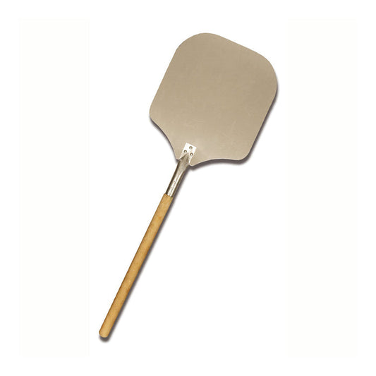 Square flat pan mounted onto long wooden handle.