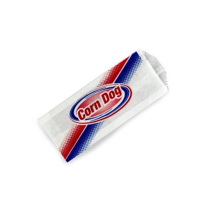 White bag to hold a corn dog with red and blue design and the words corn dog printed on it.