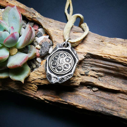 Protective Pendant,Om Mani Padme Hum Mantra Amulet - Tibetan Buddhist amulet, front view