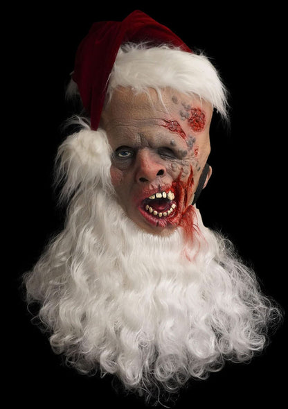 Scary Santa Halloween mask with crazed Christmas horror design and full over-the-head fit