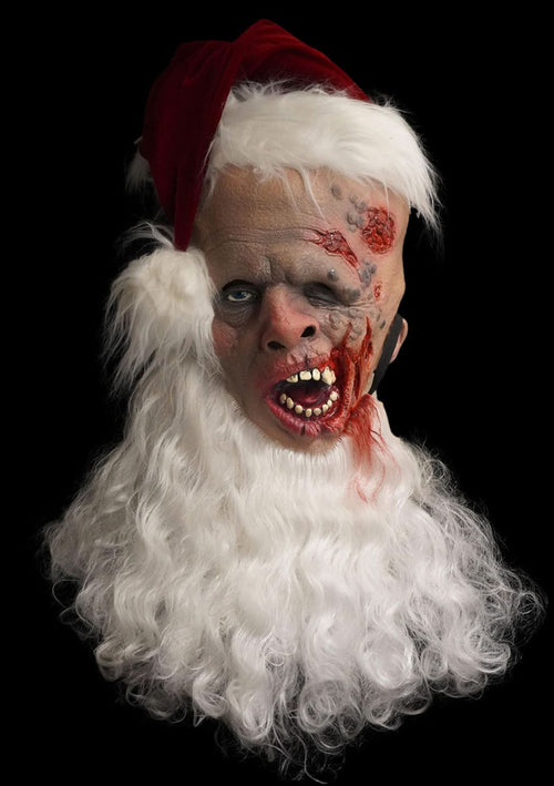 Scary Santa Halloween mask with crazed Christmas horror design and full over-the-head fit
