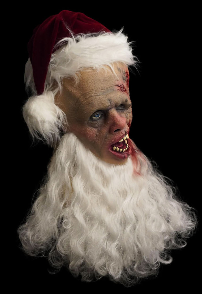 Full over-the-head Psycho Santa horror mask for haunted houses and creepy Christmas displays