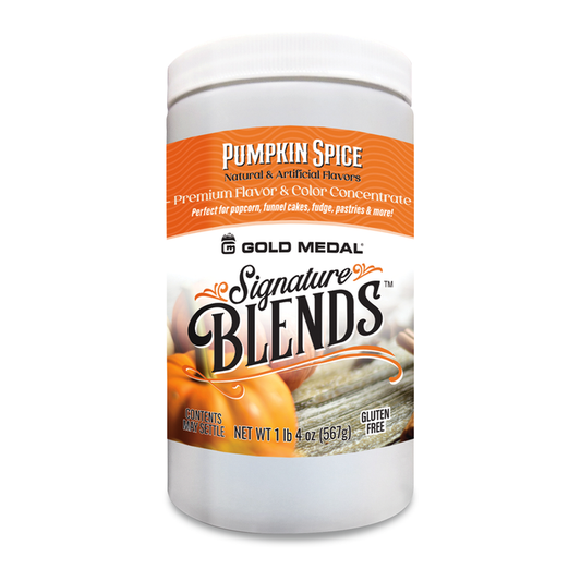 Signature Blends jar with pumpkin graphics, perfect for flavoring fudge, drinks, or popcorn.