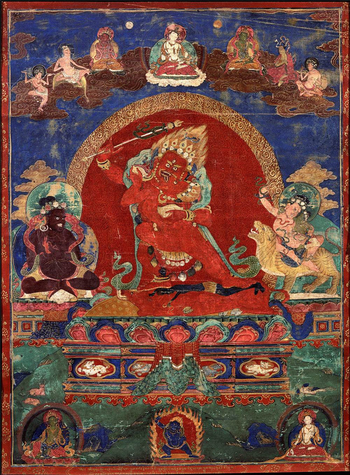 Rakta Yamari-Krodharaja - 15th Century Old Version - Tibetan thangka painting, front view