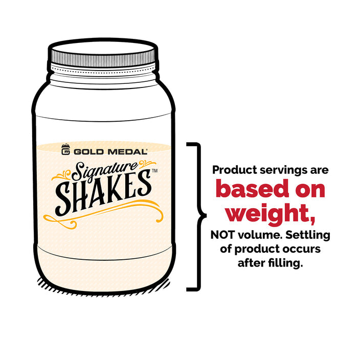 Graphic depicting product servings are based on weight, not volume. Settling of product occurs after filling.