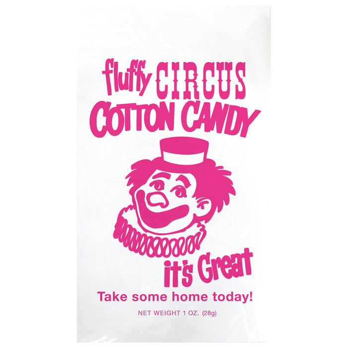 front view of clear cotton candy bags with red clown design