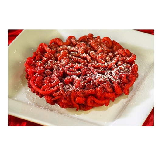 red velvet funnel cake on white plate