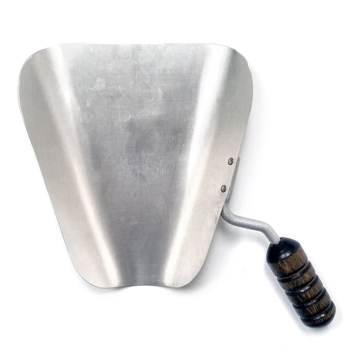 top view of right-handed stamped aluminum popcorn scoop