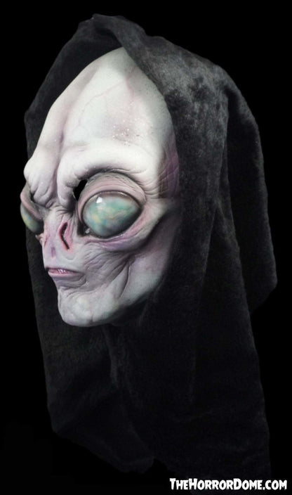 Detailed Roswell Alien mask showcasing 50’s horror design, neon pigments, intricate textures, and felt over-casing for a realistic alien look.
