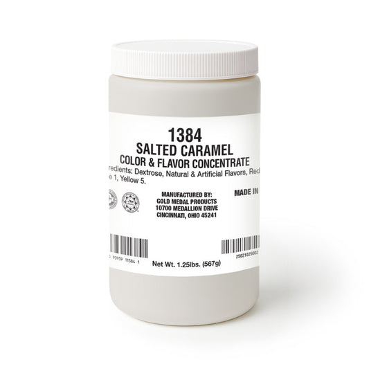 plain white canister with salted caramel flavoring label