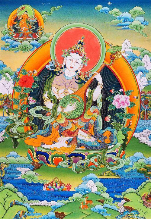 Saraswati དབྱངས་ཅན་མ། - Tibetan thangka painting, front view