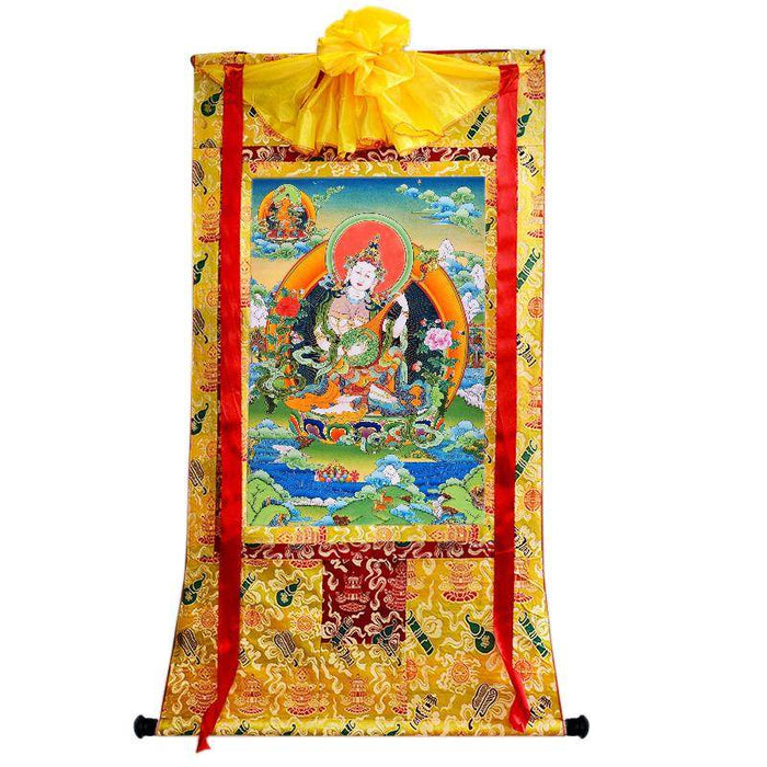 Saraswati དབྱངས་ཅན་མ། - Tibetan thangka painting, close-up detail