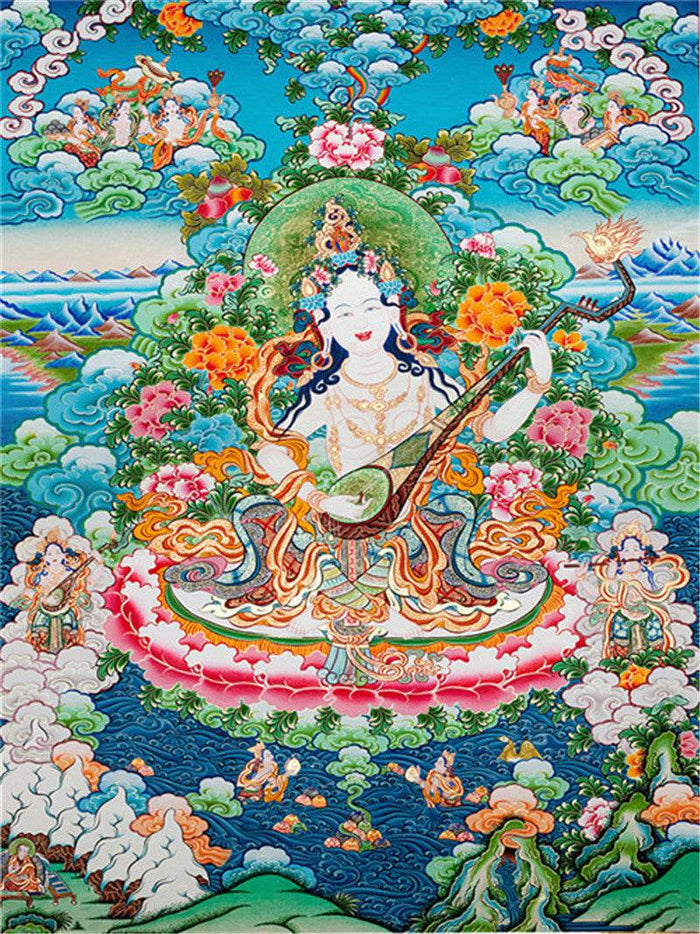 Saraswati Image - Tibetan thangka painting, front view