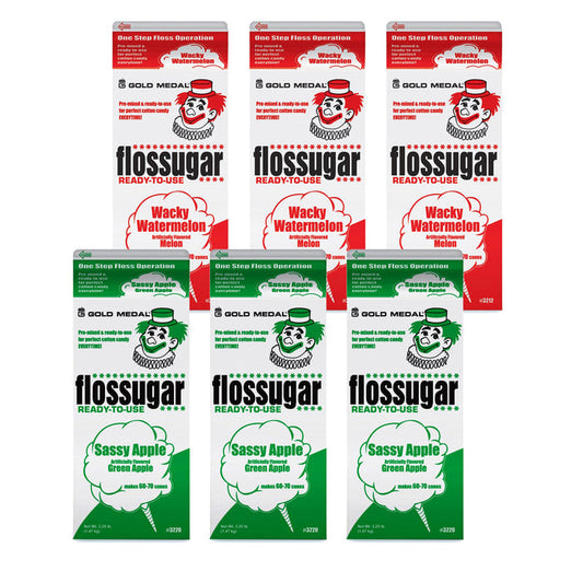three 1/2-gallon cartons of Wacky Watermelon Flossugar and three 1/2-gallon cartons of Sassy Green Apple Flossugar