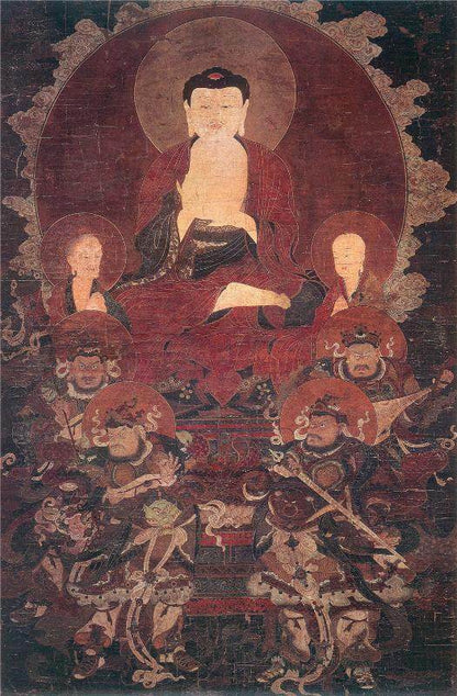 Shakyamuni and the Four Heavenly Kings - Tibetan thangka painting, front view