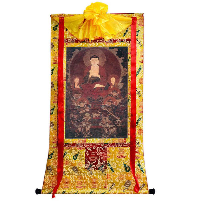 Shakyamuni and the Four Heavenly Kings - Tibetan thangka painting, close-up detail